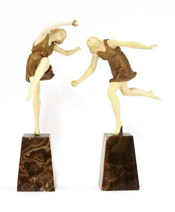 A Pair Of Cold Painted Bronze And Ivory Figures Of Girls by 
																	Pierre le Faguays