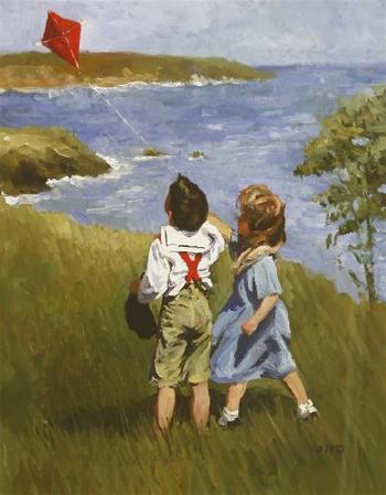 Two Children Flying a Kite on the Coast by 
																	Sheree Valentine Daines