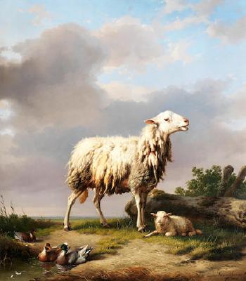 Ewe With Her New Born Lamb by 
																	Eugene Joseph Verboeckhoven