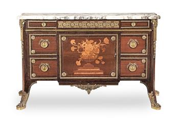 A French 19th Century Gilt Bronze Mounted Bois Satine, Amaranth, Sycamore And Marquetry Commode by 
																	Jean Henri Riesener