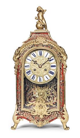 A Late 19th Century French Ebonised, Cut Brass And Scarlet Tortoiseshell Mantel Clock by 
																	 Japy Freres