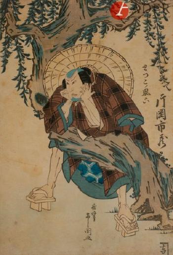 Deux samouraï observant une femme au bord de la rivière sous les lampions; Acteur assis sous les arbres by 
																			 Hiroshige