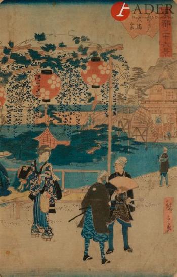 Deux samouraï observant une femme au bord de la rivière sous les lampions; Acteur assis sous les arbres by 
																			 Hiroshige