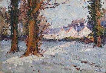 'Snowy Landscape with Buildings' and 'A Wintry Wooded Lake Scene' by 
																			Hans Iten