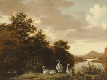 A Wooded Landscape With Geese in the Foreground by 
																	Dirck Wyntrack