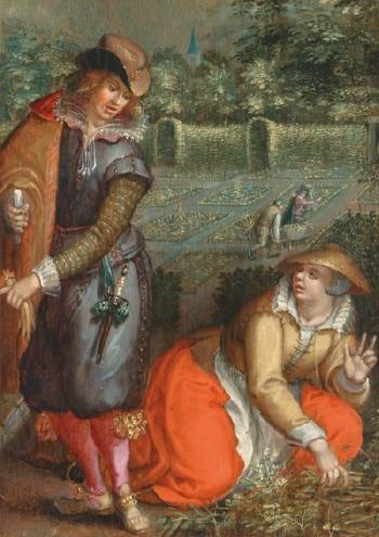An Elegant Gentleman and a Woman Working in a Garden by 
																	David Vinckeboons