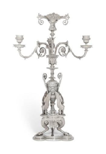 A Victorian Silver Three-light Candelabrum Centrepiece by 
																	Frederick Elkington