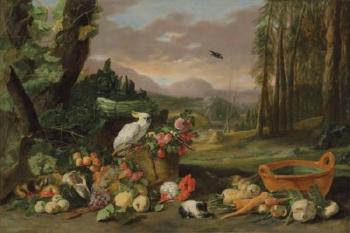 A Wooded Landscape With a Still Life of Fruit, a Guinea Pig And a Sulphur-crested Cockatoo by 
																	Jan Fyt