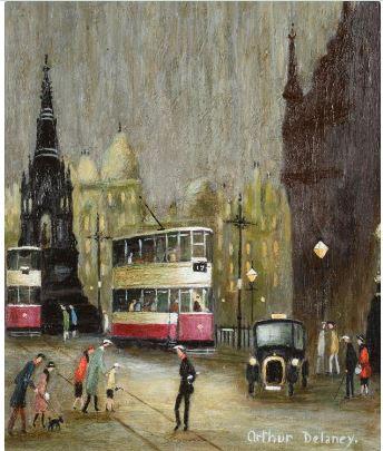 Albert Square with trams by 
																			Arthur Delaney