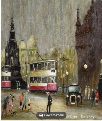 Albert Square with trams by 
																			Arthur Delaney