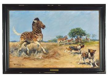 Aufgebrachtes Zebra Vor scheuenden Wildhunden by 
																	Franz Roubal