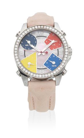 A Stainless Steel Diamond Set Quartz Calendar Wristwatch With Multiple Time Zones by 
																	 Jacob And Company