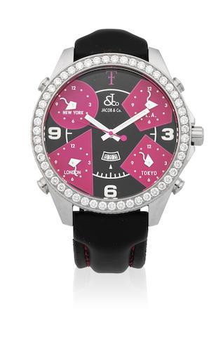A Stainless Steel And Diamond Set Quartz Calendar Wristwatch With Multiple Time Zones by 
																	 Jacob And Company