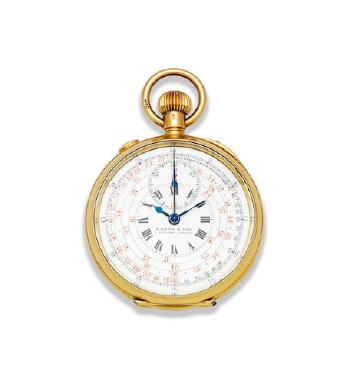 An 18K Gold Keyless Wind Open Face Split Second Chronograph Pocket Watch by 
																	 S Smith and Son