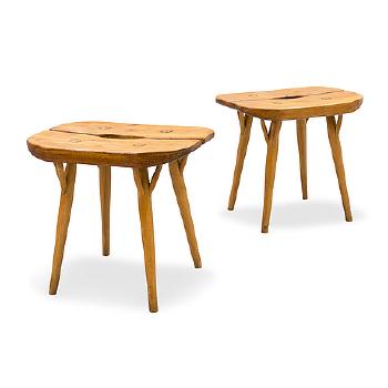 Two mid 20th century special edition 'Pirkka' stools by 
																			 Laukaan Puu Ltd