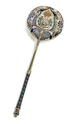 A Russian Fabergé Pan-Slavic silver-gilt and shaded cloisonné enamel spoon by 
																			Feodor Ruckert