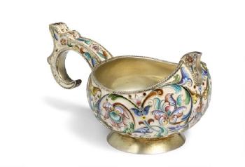 A Russian Fabergé silver-gilt and shaded cloisonné enamel kovsh by 
																			Feodor Ruckert
