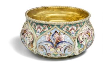 A Russian silver-gilt and shaded cloisonné enamel circular bowl by 
																			Feodor Ruckert