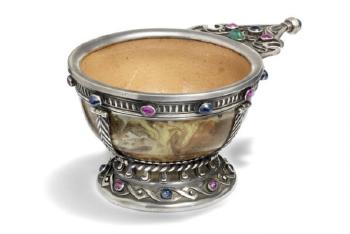 Russian Fabergé Neo-Renaissance silver charka with a ceramic bowl by 
																	Julius Rappoport