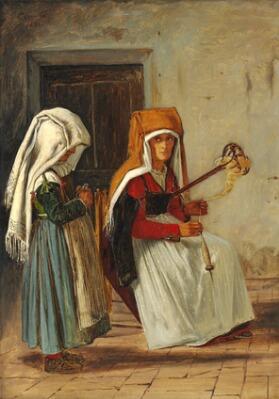 Huslig scene i Cervara. Domestic scene in Cervara. A woman with a distaff and a little girl who binds a loop by 
																			Martinus Rorbye
