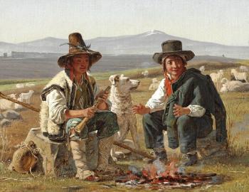 To italienske hyrdedrenge siddende ved ilden. Two Italian shepherd boys sitting by the fire by 
																			Martinus Rorbye