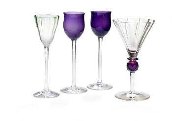 Four liqueur glasses of clear glass with resp. purple and green elements by 
																	 E Bakalowits Sohne