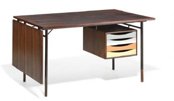 BO 69, Freestanding Brazilian rosewood desk with a detachable flip-down leaf “Floating” drawer section with four polychrome lacquered drawers by 
																			 Bovirke