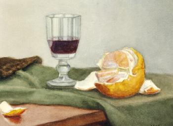 Still life with glass with red wine and a peeled orange on a green cloth on a table by 
																			Vilhelm Hammershoi
