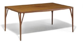 Rectangular mahogany dining table with extension and two extra leaves. Sculptural Y-shaped legs integrated with top by 
																			Peder Pedersen