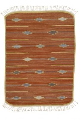 Handwoven rölakan carpet of wool with polychrome pattern on red base by 
																			Helge Hamnert