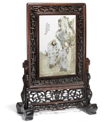 A Chinese porcelain plaque decorated in enamel colours with Feng Chen San Xia - three historic figures of heroism by 
																			 Yu Huanwen