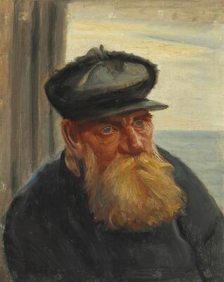 An old fisherman in a doorway with the sea in the background Skagen by 
																			Michael Ancher