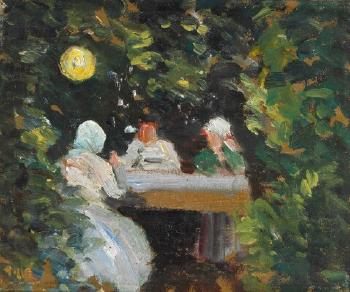 A small gathering around the table in the light of the Chinese lantern a summer evening in the garden by 
																			Michael Ancher