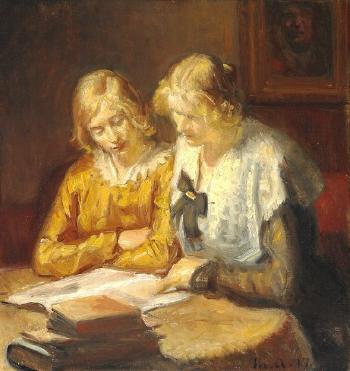 Two young women sitting at the table in the red sofa in Michael Ancher's studio reading a book. In the background a portrait of a man, earlier attributed to Jens Juel by 
																			Jens Juel
