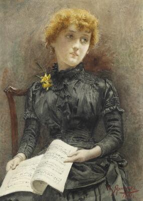 A young Russian woman with a sheet music booklet by 
																	Nikolai Alexandrovich Yaroshenko