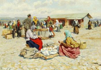 A Russian market scene by 
																			Alexander W Makowski