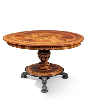 A Bohemian Walnut and Fruitwood Marquetry-Inlaid Indian Rosewood Centre Table by 
																	C Wurkner