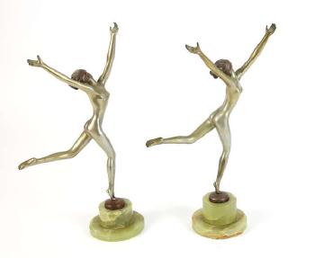 Figures Of Nude Dancing Girls On Green Onyx Stands by 
																			Josef Lorenzl