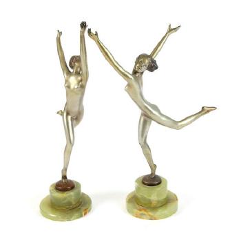 Figures Of Nude Dancing Girls On Green Onyx Stands by 
																			Josef Lorenzl