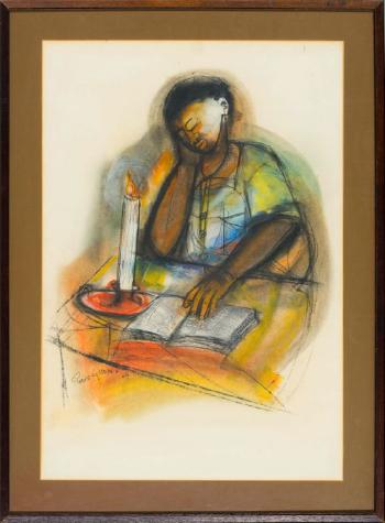 Woman Reading by Candlelight by 
																			Godfrey Ndaba