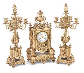 A Large French Late 19th Century Gilt Bronze Clock Garniture by 
																	 Japy Freres
