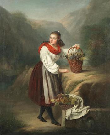 A Girl With Two Baskets Of Grapes In A Mountainous Landscape by 
																	Marie Adelaide