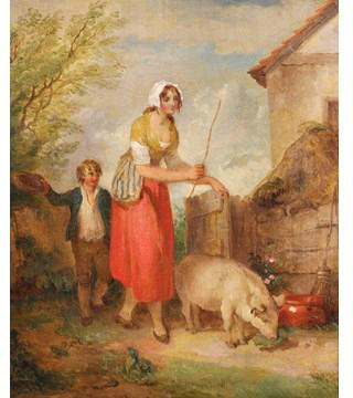 A Mother And Child Leading A Pig Through A Gate by 
																			Francis Wheatley