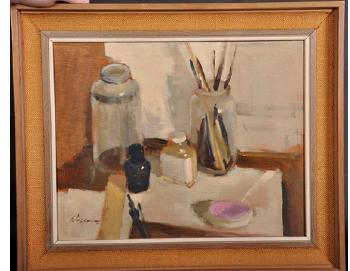 Still Life of the Artist's Pots Jars and Brushes with a Dish of Pink Paint on a Side Table by 
																			Edward Wesson