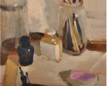 Still Life of the Artist's Pots Jars and Brushes with a Dish of Pink Paint on a Side Table by 
																			Edward Wesson