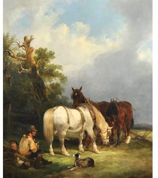 Rest by the Wayside a Farmer with his Child with Plough Horses and a Dog by 
																			William Shayer