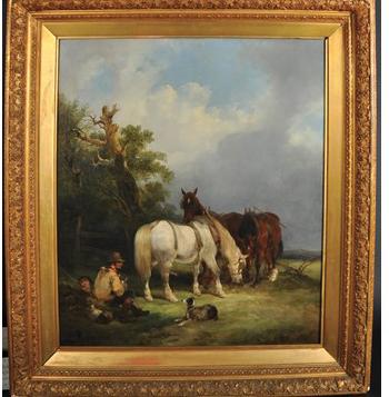 Rest by the Wayside a Farmer with his Child with Plough Horses and a Dog by 
																			William Shayer