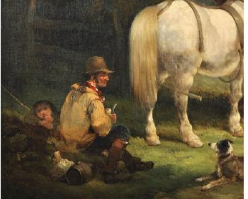 Rest by the Wayside a Farmer with his Child with Plough Horses and a Dog by 
																			William Shayer