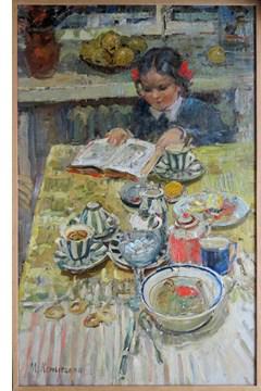 'In The Evening,' a Young Girl reading a Book Seated at the Tea Table by 
																			Maia Kopitzeva