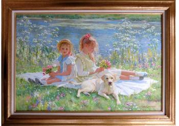 Two Girls Near The Water sitting on a Blanket with a Dog by 
																			Alexandre Averin